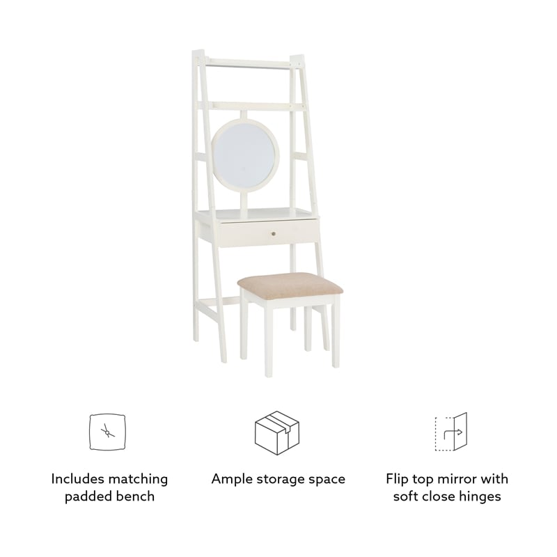 Bowery Hill Wood Leaning Vanity With Stool Round Mirror & Drawer in White