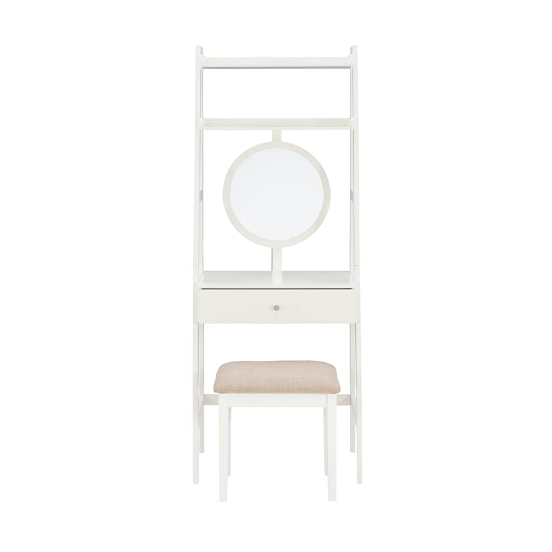 Bowery Hill Wood Leaning Vanity With Stool Round Mirror & Drawer in White