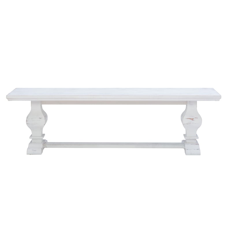 Bowery Hill Solid Pine Wood Double Pedestal Dining Bench in Distressed White