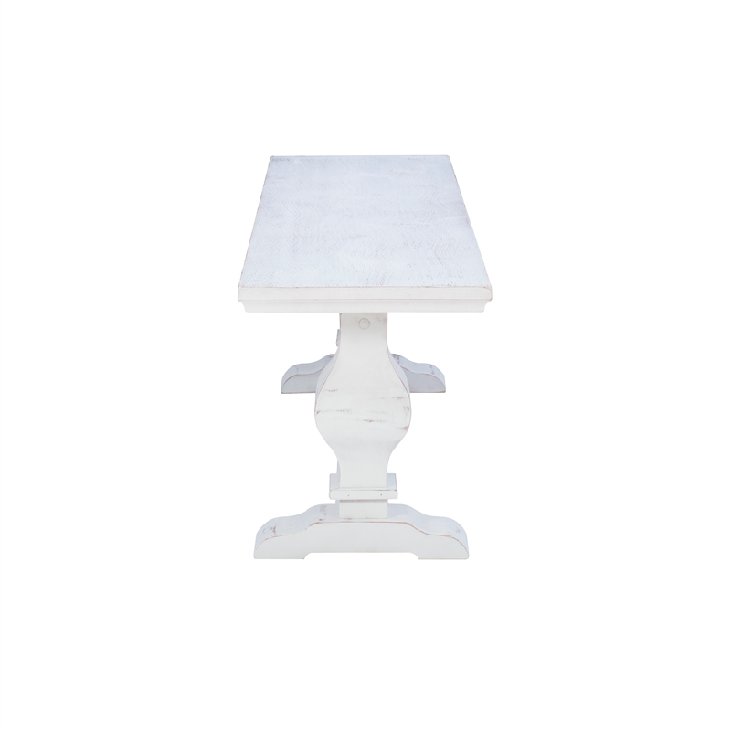 Bowery Hill Solid Pine Wood Double Pedestal Dining Bench in Distressed White