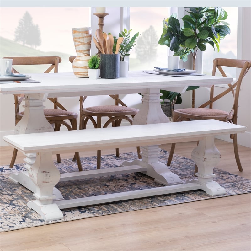 Bowery Hill Solid Pine Wood Double Pedestal Dining Bench in Distressed White