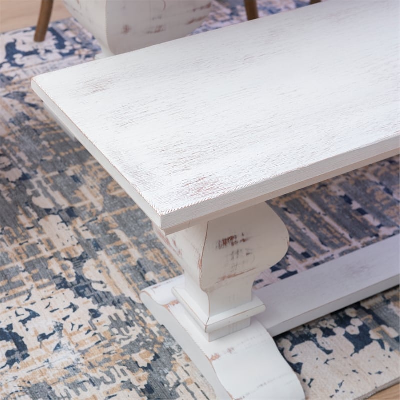 Bowery Hill Solid Pine Wood Double Pedestal Dining Bench in Distressed White