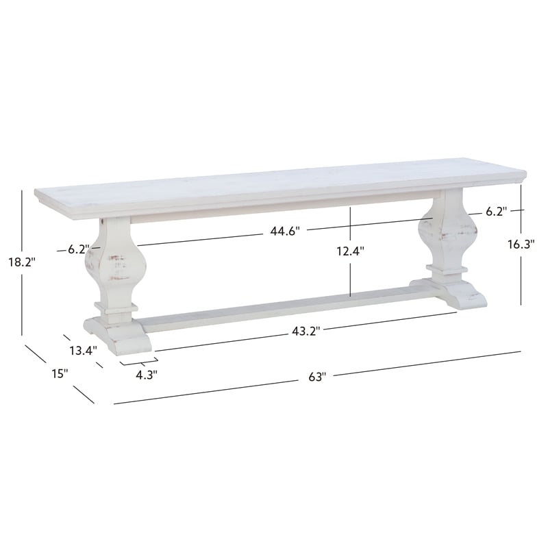 Bowery Hill Solid Pine Wood Double Pedestal Dining Bench in Distressed White