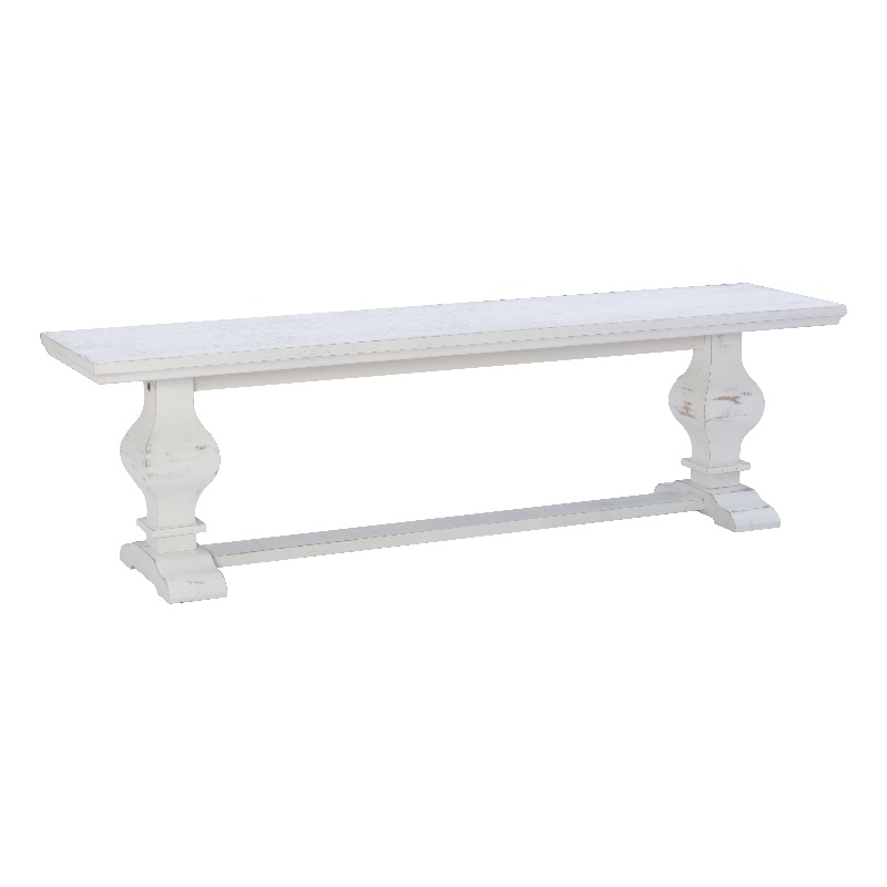 Bowery Hill Solid Pine Wood Double Pedestal Dining Bench in Distressed White