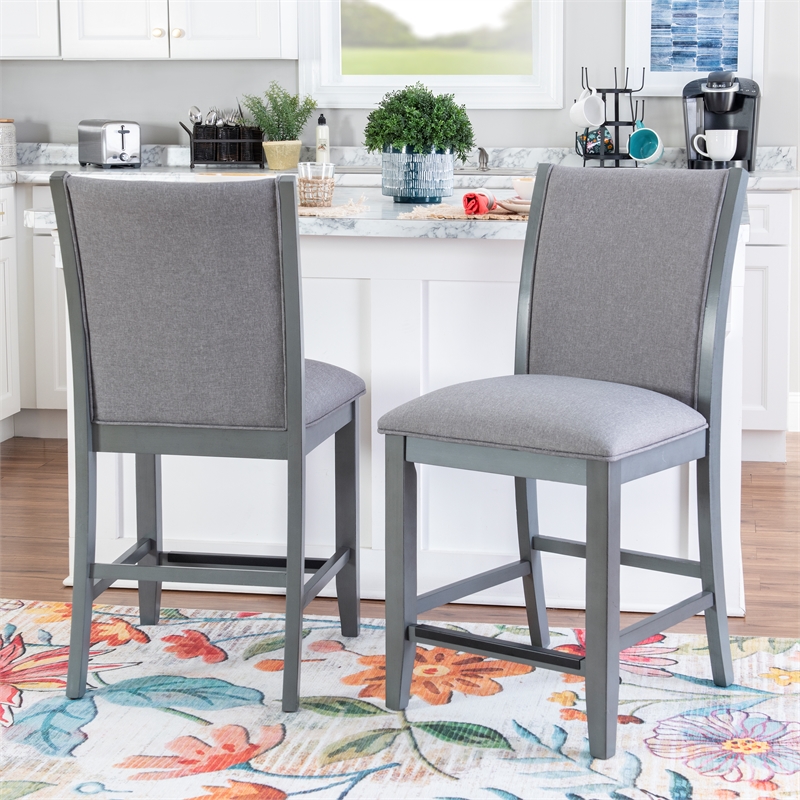 Bowery Hill Set of 2 Light Gray Upholstered Wood Counter Stools in Gray Stain