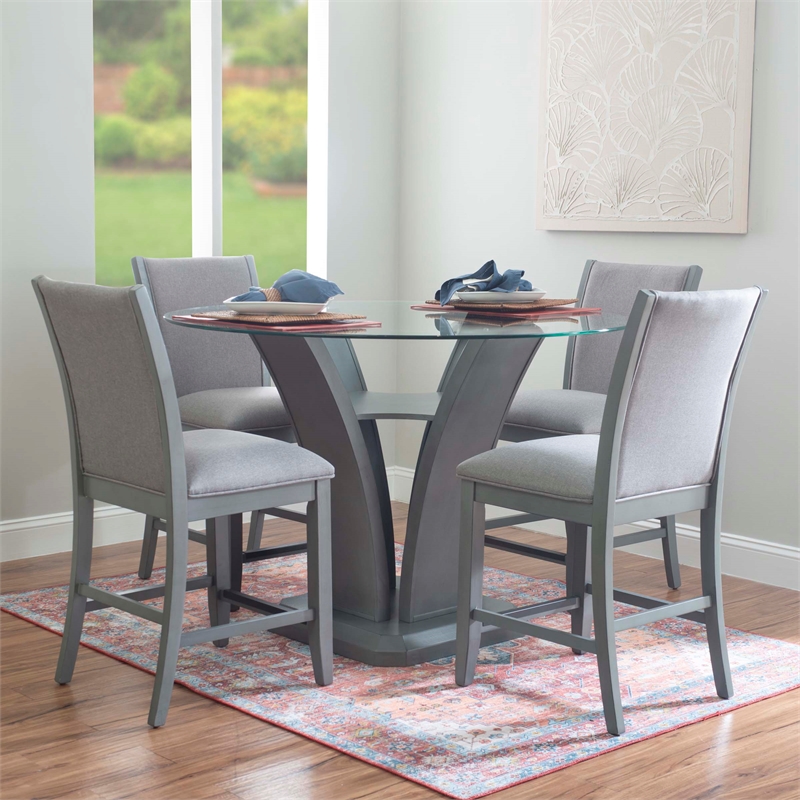 Bowery Hill Set of 2 Light Gray Upholstered Wood Counter Stools in Gray Stain