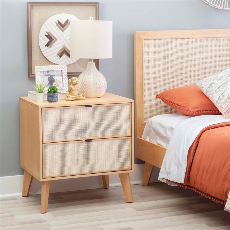 Bowery Hill Wood Nightstand 2 Drawers with Cane Front Panels in Natural Stain