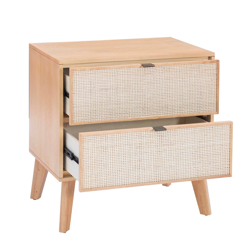 Bowery Hill Wood Nightstand 2 Drawers with Cane Front Panels in Natural Stain