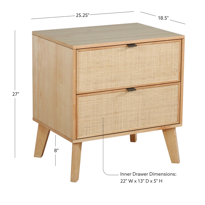Bowery Hill Wood Nightstand 2 Drawers with Cane Front Panels in Natural Stain