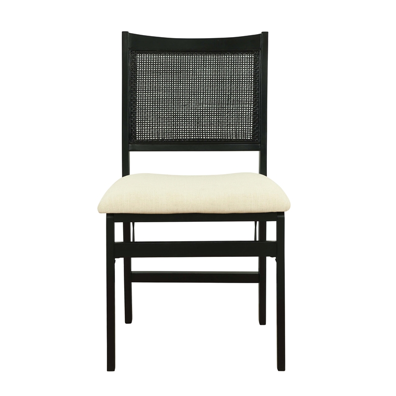 Bowery Hill Wood Folding Side Chair Woven Cane Back Beige Padded Seat in Black