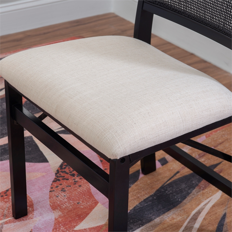 Bowery Hill Wood Folding Side Chair Woven Cane Back Beige Padded Seat in Black