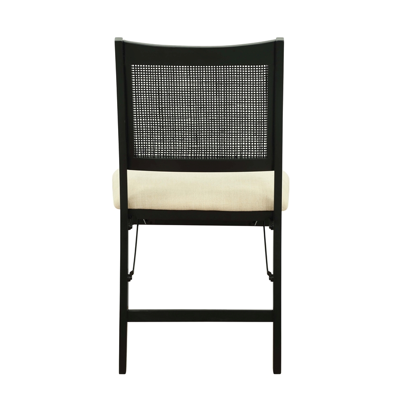 Bowery Hill Wood Folding Side Chair Woven Cane Back Beige Padded Seat in Black