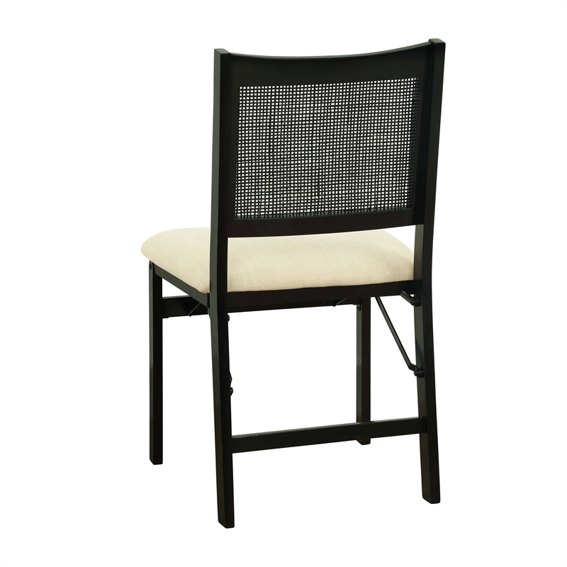 Bowery Hill Wood Folding Side Chair Woven Cane Back Beige Padded Seat in Black