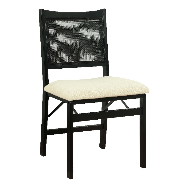 Bowery Hill Wood Folding Side Chair Woven Cane Back Beige Padded Seat in Black