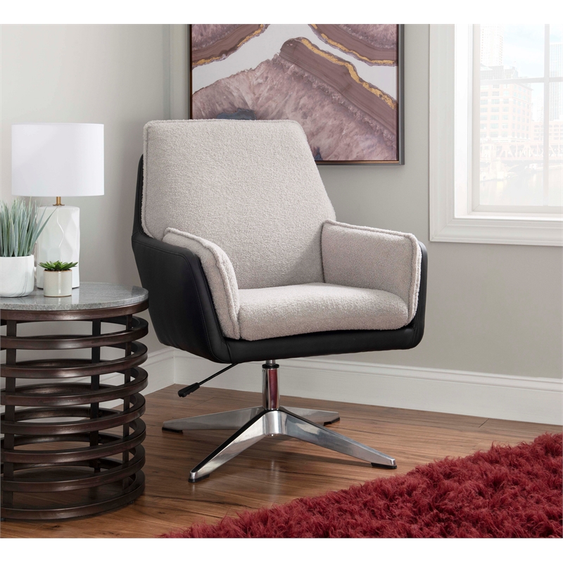 Bowery Hill Metal Adjustable Swivel Chair in Black Faux Leather and Gray Sherpa