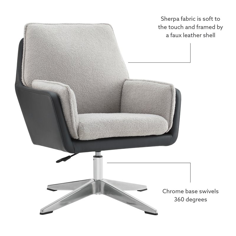 Bowery Hill Metal Adjustable Swivel Chair in Black Faux Leather and Gray Sherpa