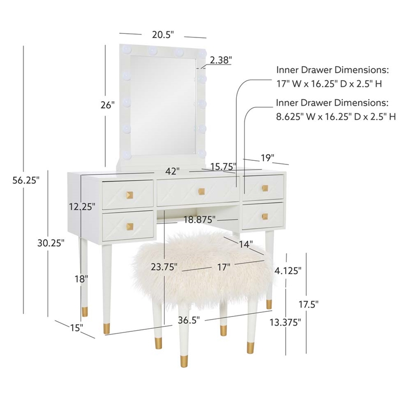Bowery Hill MDF White Vanity Set Rectangular Fluffy Upholstered Stool 42