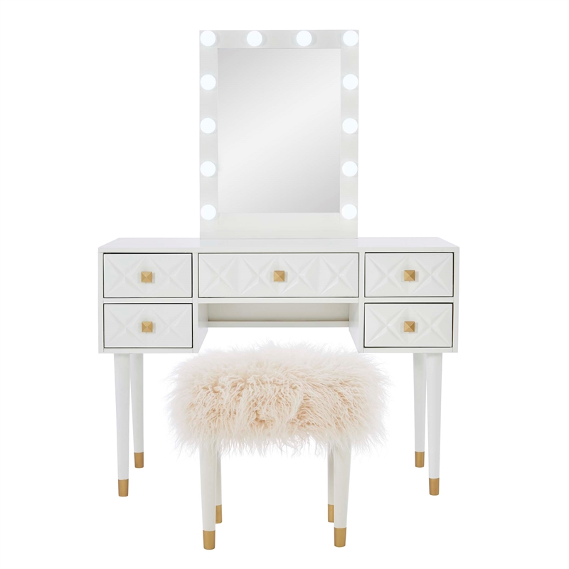 Bowery Hill MDF White Vanity Set Rectangular Fluffy Upholstered Stool 42