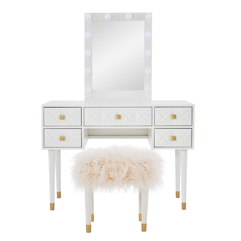 Bowery Hill MDF White Vanity Set Rectangular Fluffy Upholstered Stool 42