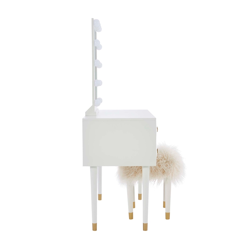 Bowery Hill MDF White Vanity Set Rectangular Fluffy Upholstered Stool 42