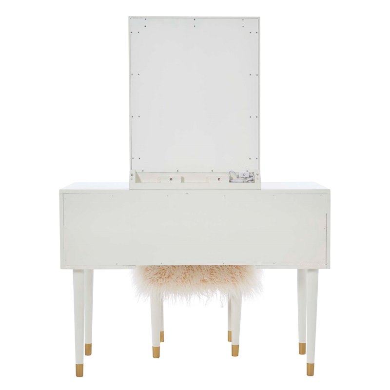 Bowery Hill MDF White Vanity Set Rectangular Fluffy Upholstered Stool 42