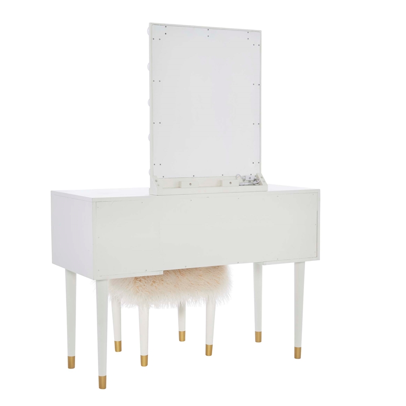 Bowery Hill MDF White Vanity Set Rectangular Fluffy Upholstered Stool 42