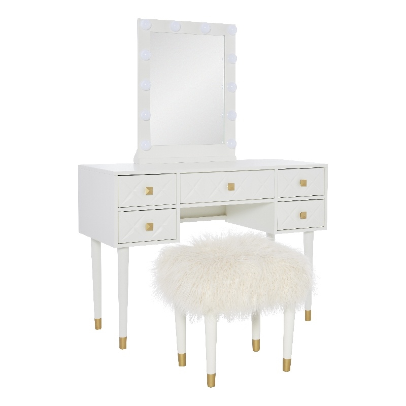 Bowery Hill MDF White Vanity Set Rectangular Fluffy Upholstered Stool 42