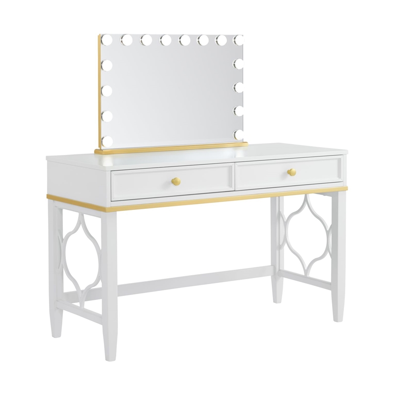 Bowery Hill Contemporary White and Gold Vanity with Mirror and Stool
