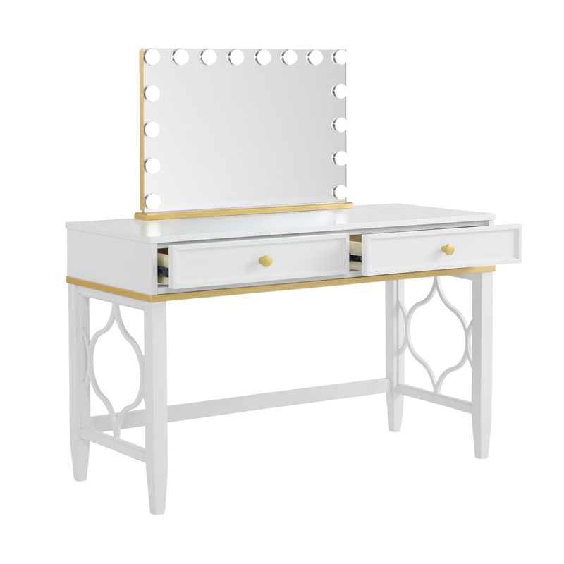 Bowery Hill Contemporary White and Gold Vanity with Mirror and Stool
