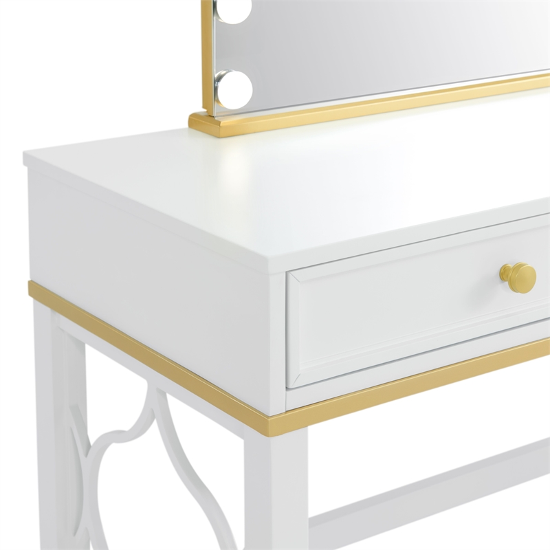 Bowery Hill Contemporary White and Gold Vanity with Mirror and Stool