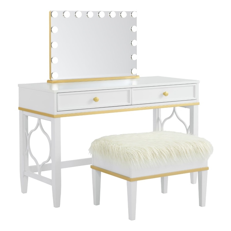 Bowery Hill Contemporary White and Gold Vanity with Mirror and Stool