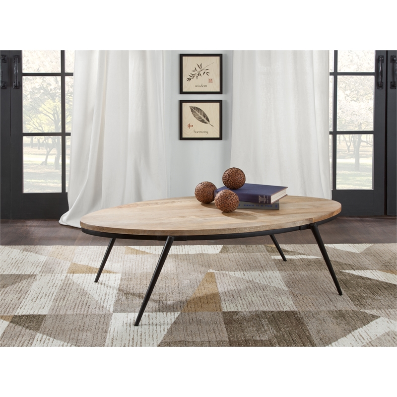 Bowery Hill Natural Solid Wood Top and Black Metal Base Oval Coffee Table