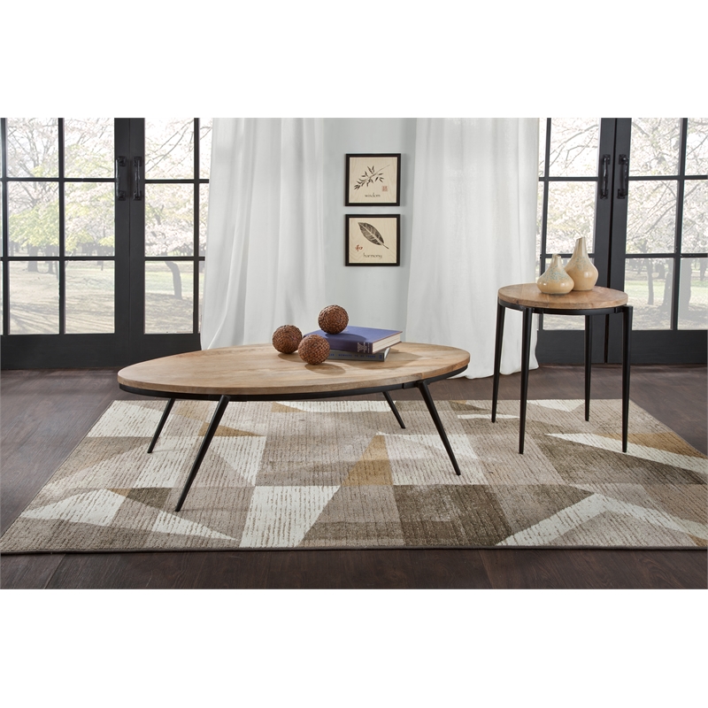 Bowery Hill Natural Solid Wood Top and Black Metal Base Oval Coffee Table
