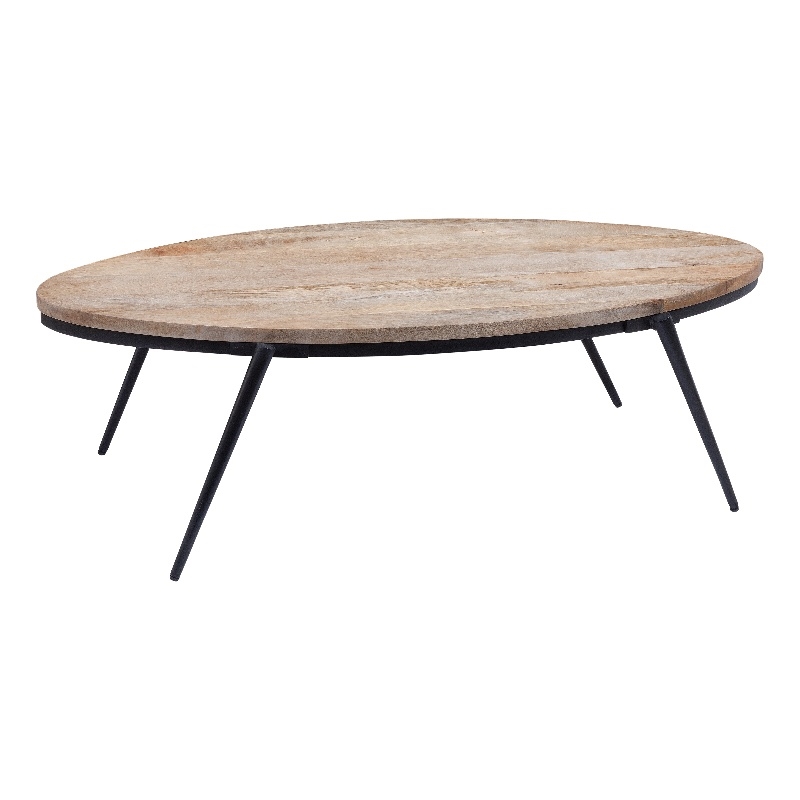 Bowery Hill Natural Solid Wood Top and Black Metal Base Oval Coffee Table