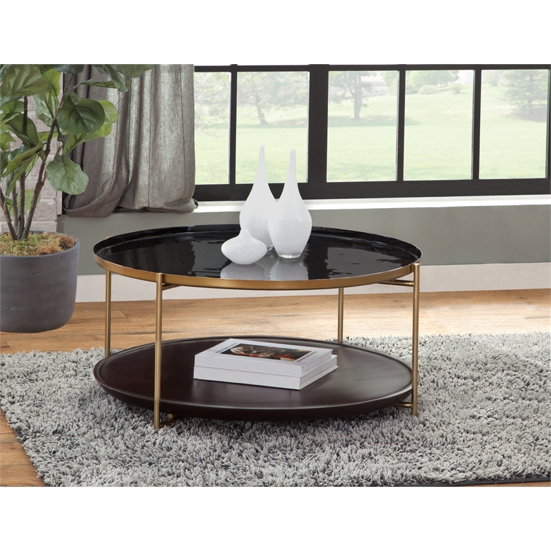 Bowery Hill Round Enameled Black Metal & Wood Tray Top Coffee Table with Storage