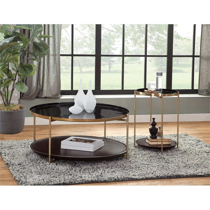 Bowery Hill Round Enameled Black Metal & Wood Tray Top Coffee Table with Storage