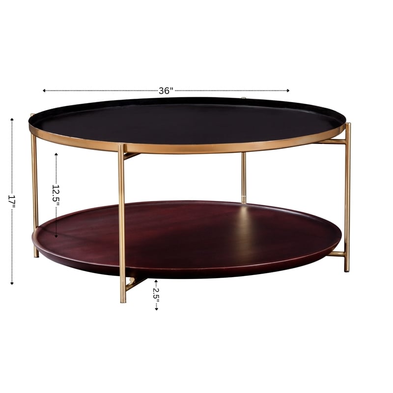Bowery Hill Round Enameled Black Metal & Wood Tray Top Coffee Table with Storage