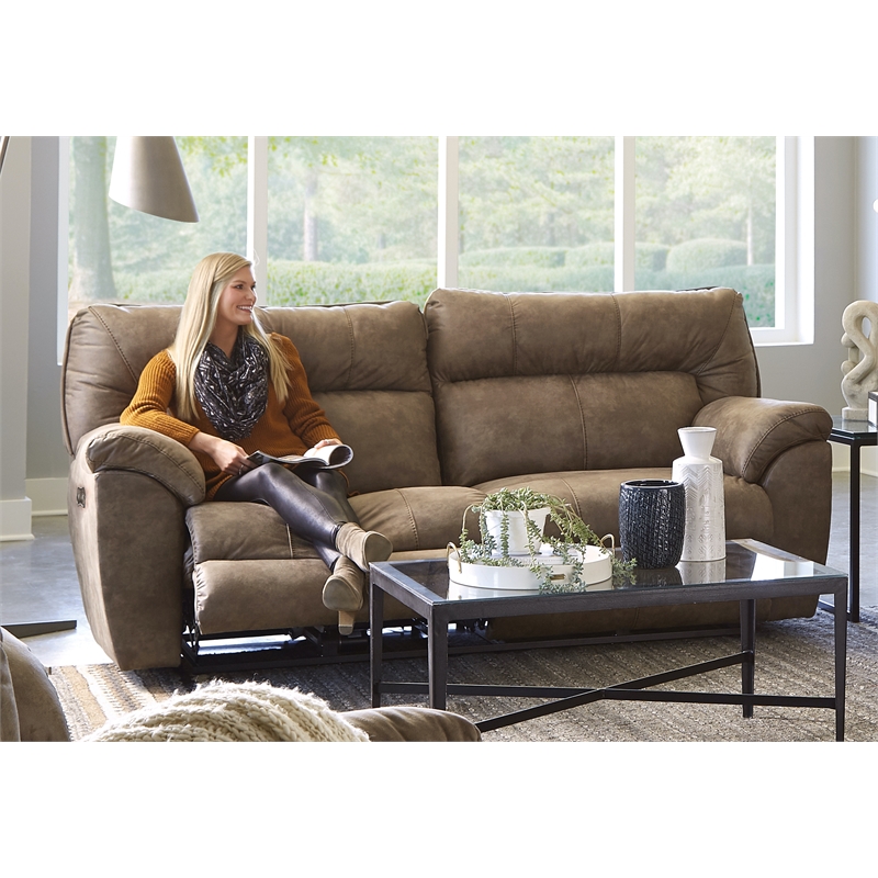 Bowery Hill Modern Power Reclining Sofa in Brown Polyester Fabric