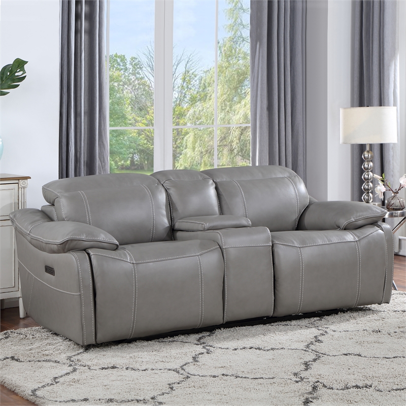 Bowery Hill Modern Smoke Gray Leather Power Console Loveseat