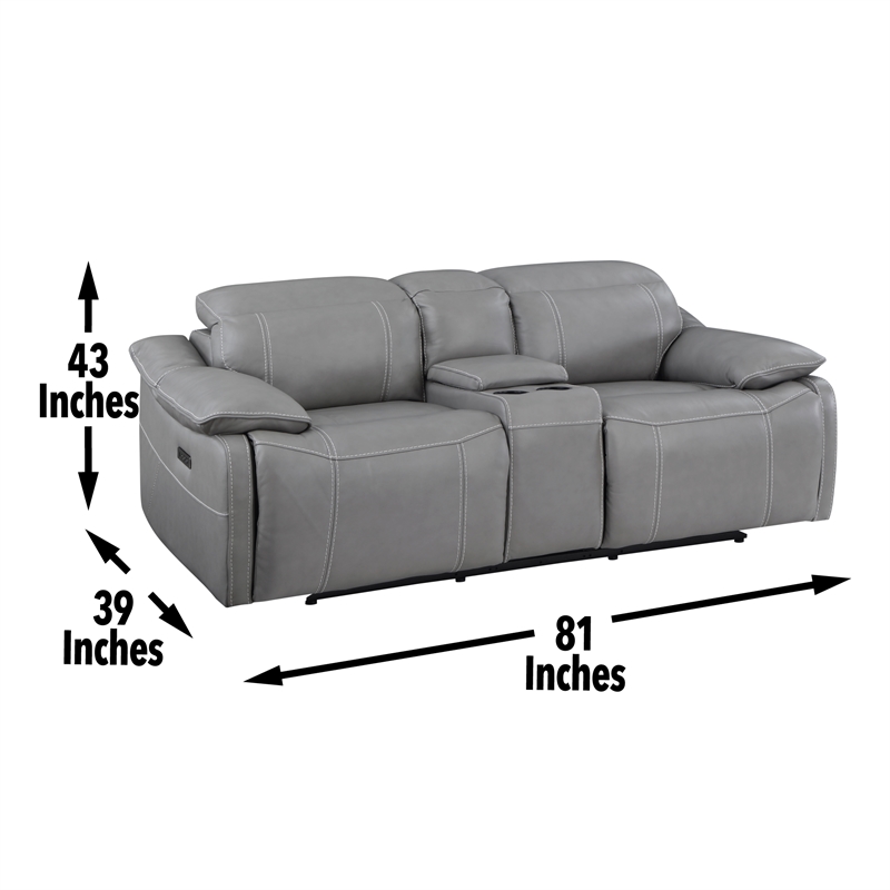 Bowery Hill Modern Smoke Gray Leather Power Console Loveseat