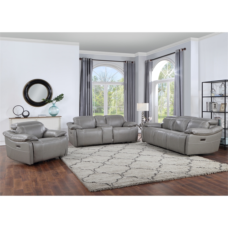 Bowery Hill Modern Smoke Gray Leather Power Console Loveseat