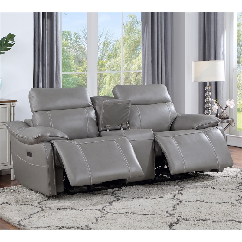 Bowery Hill Modern Smoke Gray Leather Power Console Loveseat