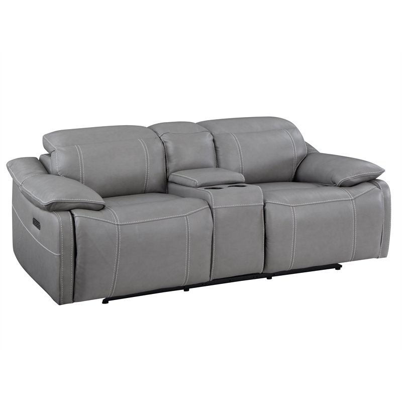 Bowery Hill Modern Smoke Gray Leather Power Console Loveseat