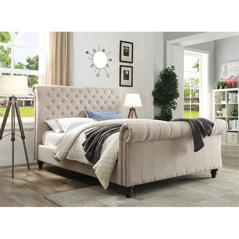 Bowery Hill Tufted Queen Sleigh Bed in Sand Beige upholstery