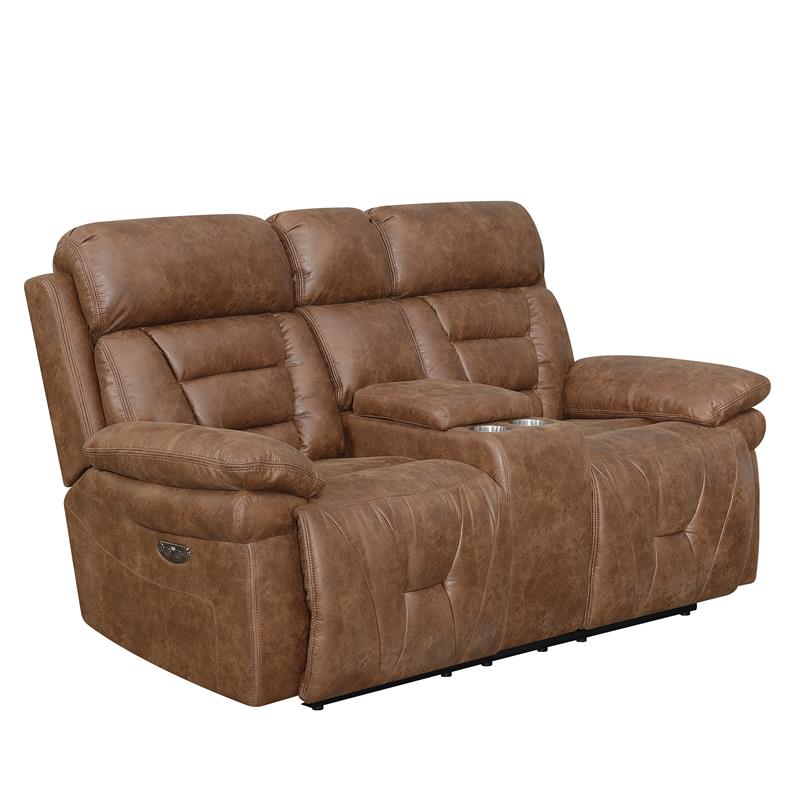 Bowery Hill Cinnamon Faux Leather Power Recliner Console Loveseat