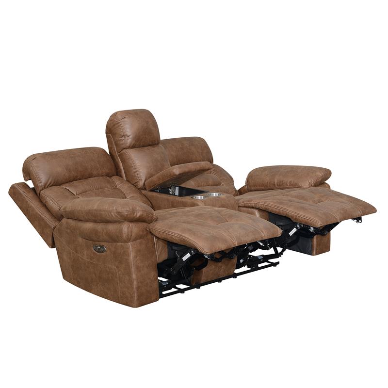 Bowery Hill Cinnamon Faux Leather Power Recliner Console Loveseat