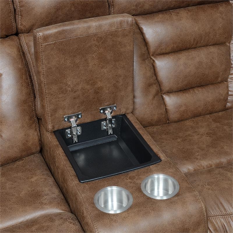 Bowery Hill Cinnamon Faux Leather Power Recliner Console Loveseat