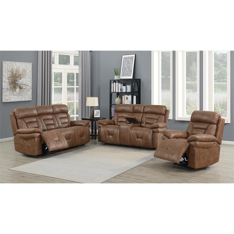 Bowery Hill Cinnamon Faux Leather Power Recliner Console Loveseat