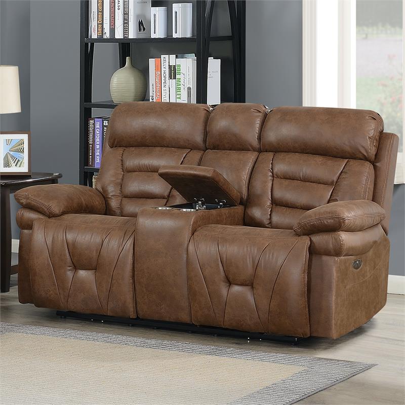 Bowery Hill Cinnamon Faux Leather Power Recliner Console Loveseat