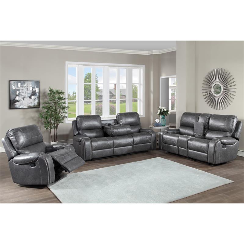 Bowery Hill Gray Faux Leather Manual Reclining 3-Piece Motion Set